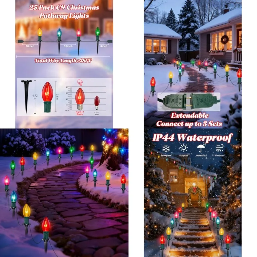 38Feet C9 Christmas Stake Lights Outdoor, 25 Pack Weatherproof Christmas with Bulbs and Stakes for Garden Lawn Backyard Snowfie
38Feet C9 Christmas Stake Lights Outdoor, 25 Pack Weatherproof Christmas with Bulbs and Stakes for Garden Lawn Backyard Snowfie
