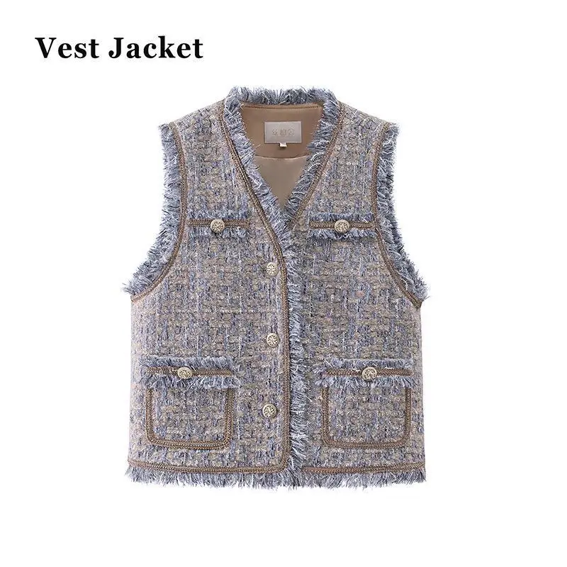 All-match New Women's Tweed Jacket Vest V-Neck Tassel Single-Breasted Elegant Vests Sleeveless Cardigan Layered Waistcoat Trend
All-match New Women's Tweed Jacket Vest V-Neck Tassel Single-Breasted Elegant Vests Sleeveless Cardigan Layered Waistcoat Trend