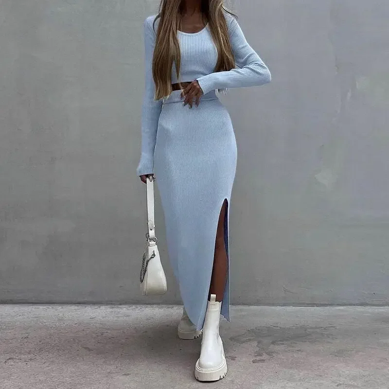Women's Two-piece Solid Color Knitted Round Neck Top Long Sleeved Slit Long Skirt Set 2024 Autumn
Women's Two-piece Solid Color Knitted Round Neck Top Long Sleeved Slit Long Skirt Set 2024 Autumn