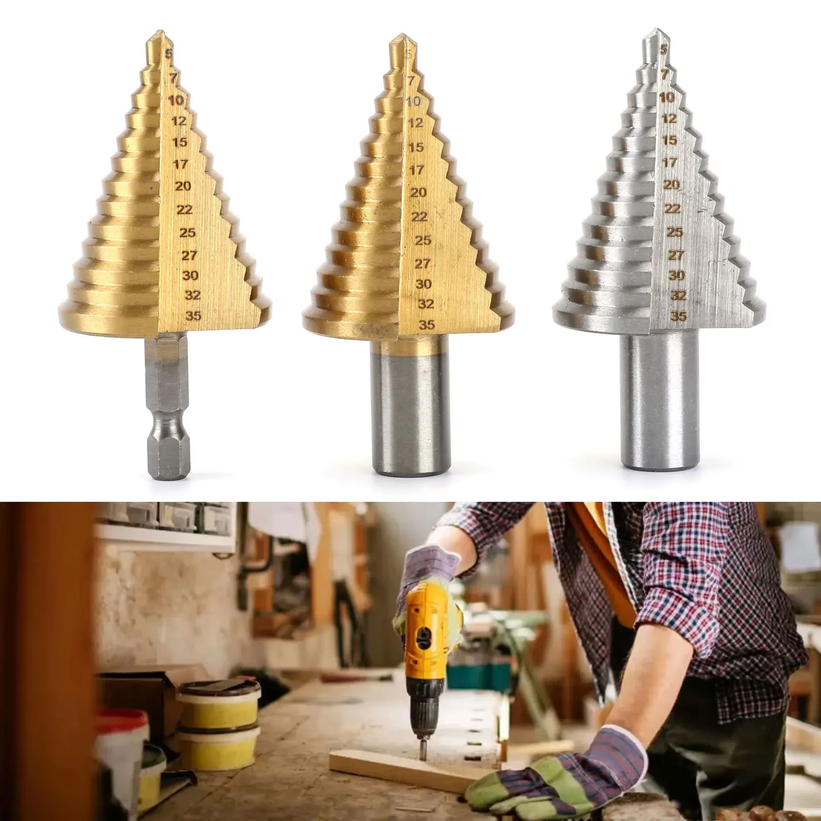 Ступенчатое сверло из быстрорежущей стали 5–35 мм, резак для дерева и металла, несколько 13-ступенчатых конусных сверл для отверстий, круглая ручка и шестиугольная ручка 
Ступенчатое сверло из быстрорежущей стали 5–35 мм, резак для дерева и металла, несколько 13-ступенчатых конусных сверл для отверстий, круглая ручка и шестиугольная ручка