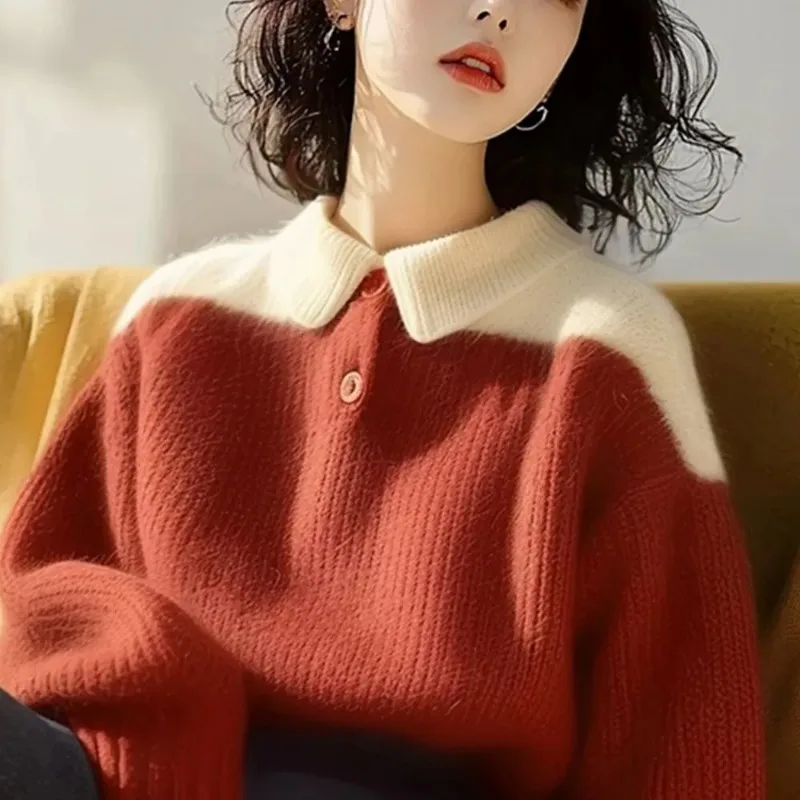 Orange Lapel Thickened Knitted Bottoming Shirt Women's Sweater Autumn and Winter Pullover Contrasting Color Fashion Top
Orange Lapel Thickened Knitted Bottoming Shirt Women's Sweater Autumn and Winter Pullover Contrasting Color Fashion Top
