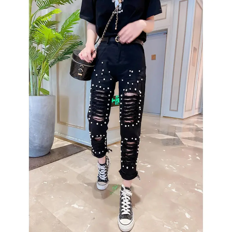 Ladies New Spring Summer Beaded Fashion Unique Jeans Spring Fashion Hole Drawing Black Straight Pants Slim Tide High Waist Jeans
Ladies New Spring Summer Beaded Fashion Unique Jeans Spring Fashion Hole Drawing Black Straight Pants Slim Tide High Waist Jeans