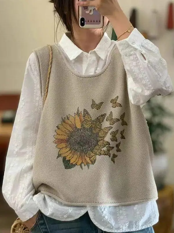 Casual Knitted Vest Women's Fashionable Versatile Simple Retro Artistic Print Loose Fit Soft Warm round Neckline No Sleeve
Casual Knitted Vest Women's Fashionable Versatile Simple Retro Artistic Print Loose Fit Soft Warm round Neckline No Sleeve