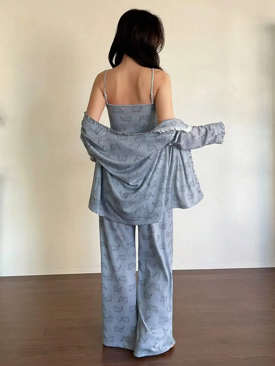 Women 3 Piece Cat Print Frill Trim Pajama Set Sleepwear
Women 3 Piece Cat Print Frill Trim Pajama Set Sleepwear