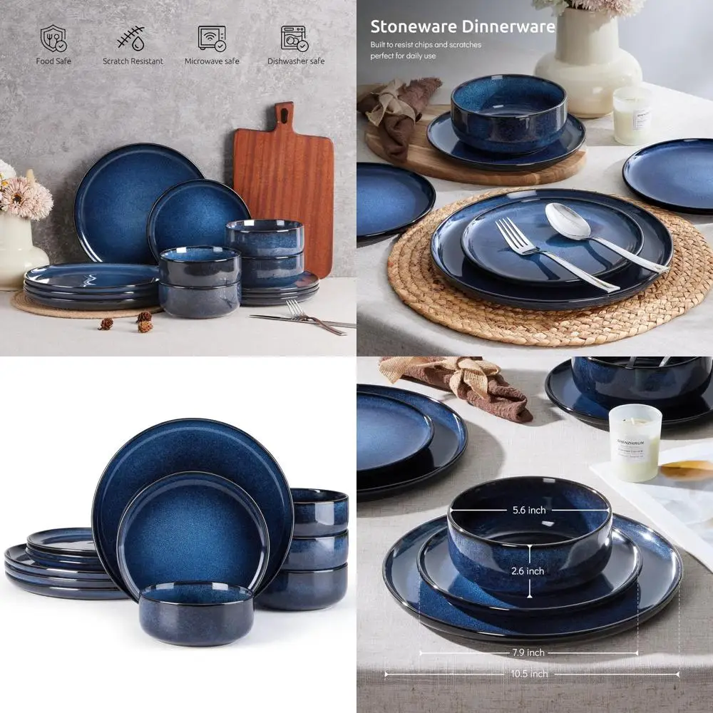 4-Piece Stoneware Dinnerware Set, Reactive Glaze Plates and Bowls, Microwave & Dishwasher Safe, Deep Sea Blue
4-Piece Stoneware Dinnerware Set, Reactive Glaze Plates and Bowls, Microwave & Dishwasher Safe, Deep Sea Blue