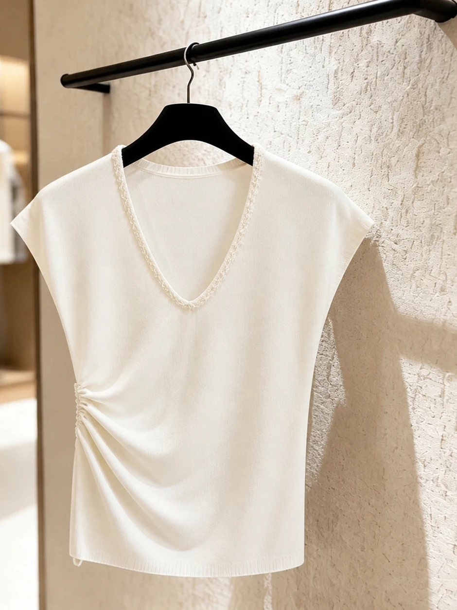 Versatile Casual Style V-Neck Slimming Knitwear Top Women's Summer Fashionable Belted Comfortable Short Sleeve T-Shirt
Versatile Casual Style V-Neck Slimming Knitwear Top Women's Summer Fashionable Belted Comfortable Short Sleeve T-Shirt