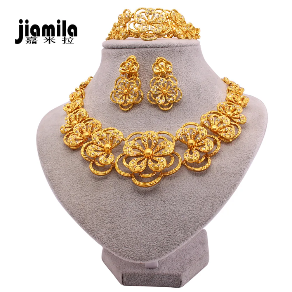 Plated Pure 24K Gold Plated Bridal Jewelry Set India Women's Real 18K Gold Flowers Necklace Bracelet Ring Earrings Four-piece Se
Plated Pure 24K Gold Plated Bridal Jewelry Set India Women's Real 18K Gold Flowers Necklace Bracelet Ring Earrings Four-piece Se