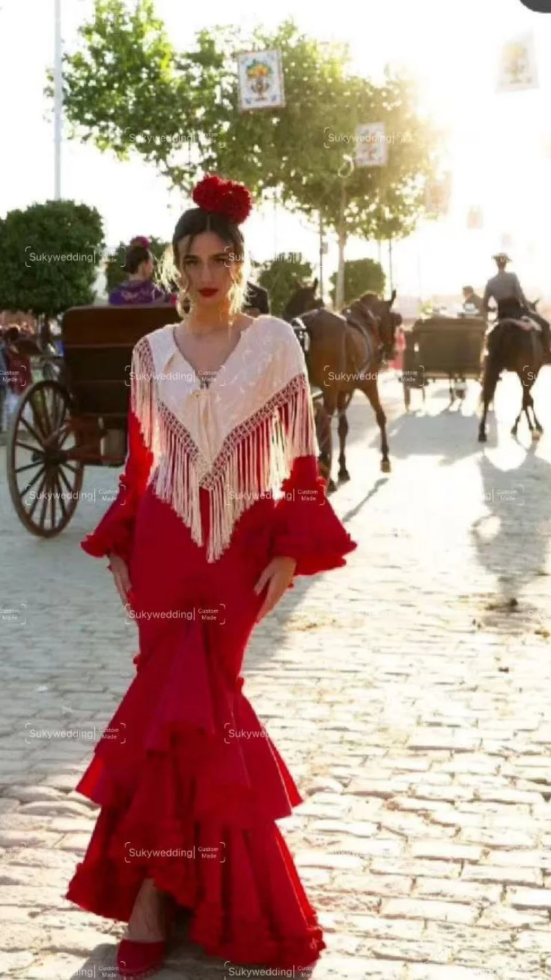 Red Mermaid Prom Dresses Flamenca Formal Dance Dresses Polka Dots Illusion Fairy Long Sleeve Mesh Evening Dress Customized
Red Mermaid Prom Dresses Flamenca Formal Dance Dresses Polka Dots Illusion Fairy Long Sleeve Mesh Evening Dress Customized