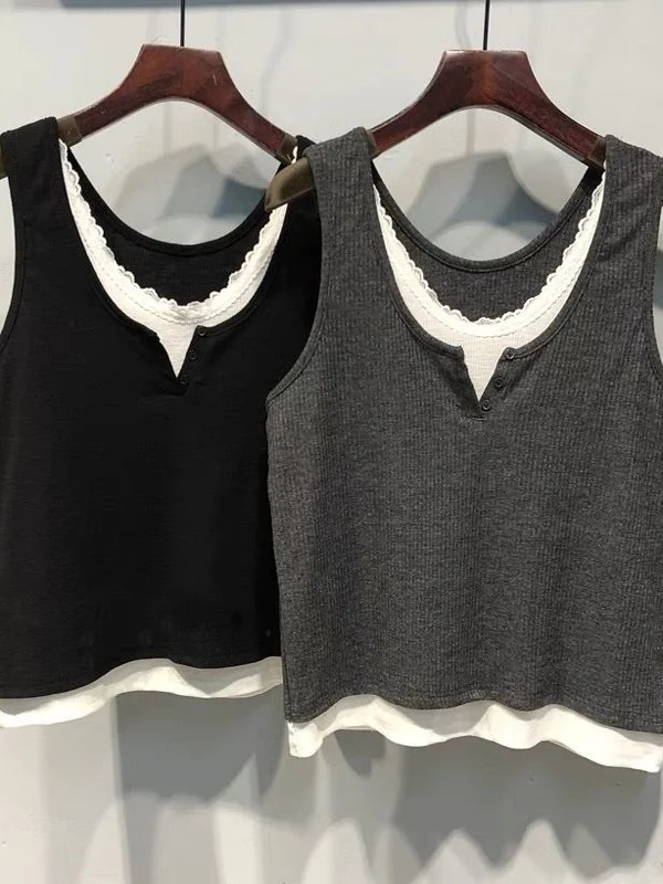 Korean Style Color Block Lace Trim Sleeveless Vest Women's Fashion Casual Loose Fit round Neck Short Sleeve Top
Korean Style Color Block Lace Trim Sleeveless Vest Women's Fashion Casual Loose Fit round Neck Short Sleeve Top
