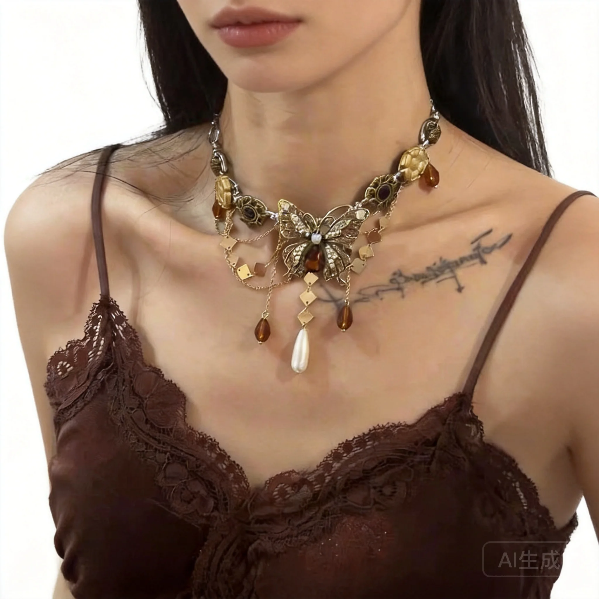 Chinese Style Lucky Vintage Maillard Sparkling Rhinestone Butterfly Pendant Necklace Brown Crystal Tassel Pearl Choker Auspiciou
Chinese Style Lucky Vintage Maillard Sparkling Rhinestone Butterfly Pendant Necklace Brown Crystal Tassel Pearl Choker Auspiciou