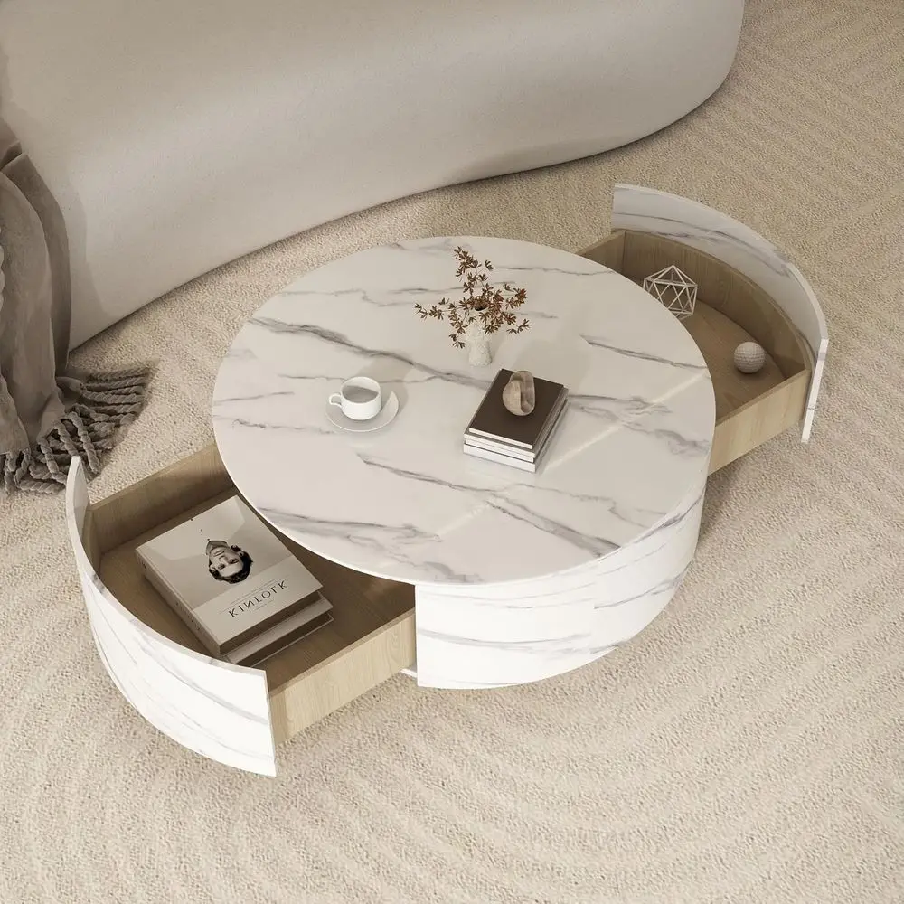 Round White Sintered Stone Marble Top Coffee Table with Drawers, Storage, Living/Office Room, Fully Assembled
Round White Sintered Stone Marble Top Coffee Table with Drawers, Storage, Living/Office Room, Fully Assembled
