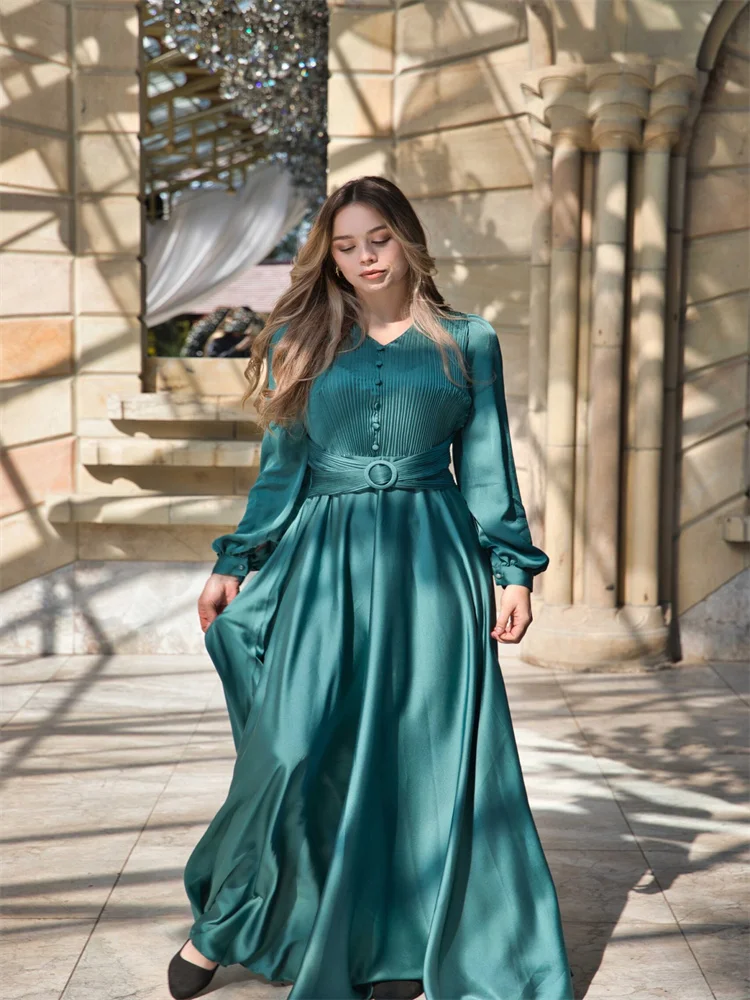 Hot Selling Dark Green V Neckline Button Luxurious Satin A-Line Prom Dresses Long Sleeves Party Gowns For Women With Belt 2024
Hot Selling Dark Green V Neckline Button Luxurious Satin A-Line Prom Dresses Long Sleeves Party Gowns For Women With Belt 2024