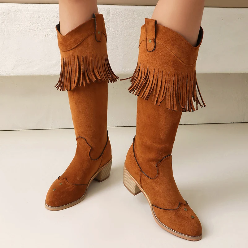 Plus Size Frosted Velvet Material Tassel Wood Grain Thick Heel Knight Boots Rivet Thin Stripe Tassel Long Tube Western Boots
Plus Size Frosted Velvet Material Tassel Wood Grain Thick Heel Knight Boots Rivet Thin Stripe Tassel Long Tube Western Boots