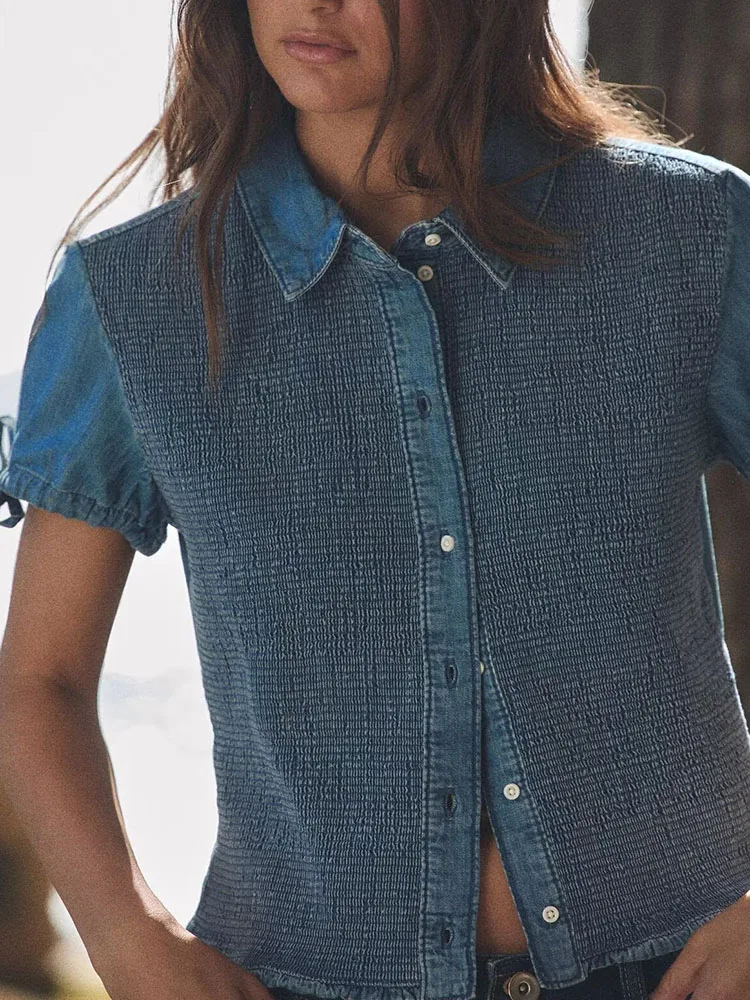 Sweet Style Summer New Women's Shirt Short Sleeve Turn-down Collar Honeycomb Denim Shirt Button Closure Short Coat 2026
Sweet Style Summer New Women's Shirt Short Sleeve Turn-down Collar Honeycomb Denim Shirt Button Closure Short Coat 2026