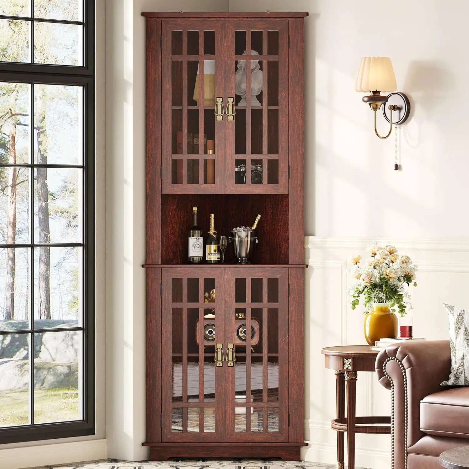 71" Tall Corner Storage Cabinet 4 Glass Doors 5 Shelves Mid Century Space Saver Living Dining Room Red Walnut, Customized
71" Tall Corner Storage Cabinet 4 Glass Doors 5 Shelves Mid Century Space Saver Living Dining Room Red Walnut, Customized