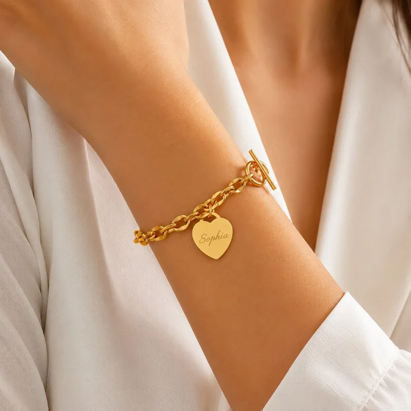 Custom Stainless Steel Heart Charm Bracelet Personalized Name Engraved Toggle Chain Jewelry Gift
Custom Stainless Steel Heart Charm Bracelet Personalized Name Engraved Toggle Chain Jewelry Gift