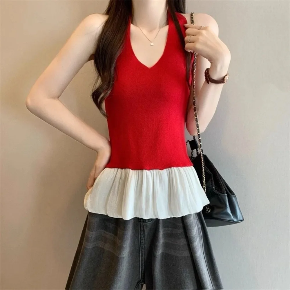 Ins лоскутный вязаный укороченный топ без рукавов с v-образным вырезом и лямкой на шее, женский жилет, облегающий милый топ для девочек, летний 
Ins лоскутный вязаный укороченный топ без рукавов с v-образным вырезом и лямкой на шее, женский жилет, облегающий милый топ для девочек, летний