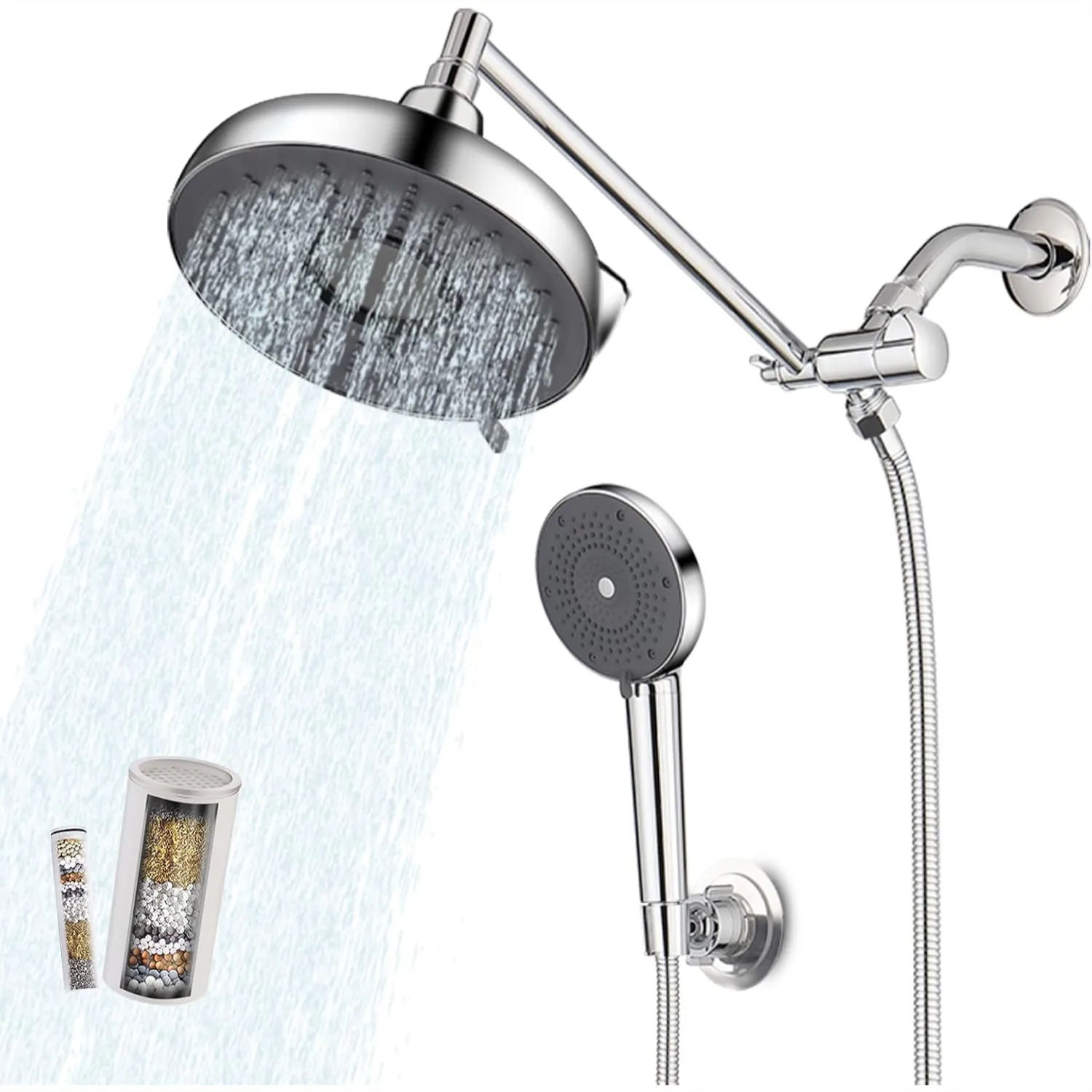8 Inch Rain Shower Head with Filter and Handheld, High Pressure 3 Spray Modes Dual Showerhead Set with Extension Arm and 60 Inch
8 Inch Rain Shower Head with Filter and Handheld, High Pressure 3 Spray Modes Dual Showerhead Set with Extension Arm and 60 Inch