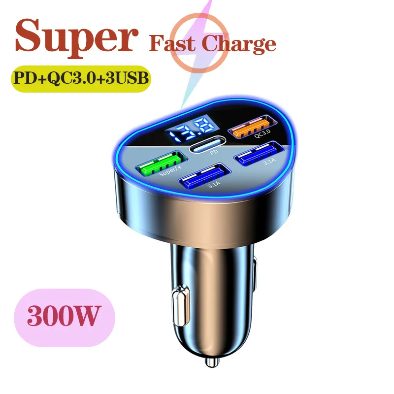 300W 5 Ports Car Charger Fast Charging PD/QC/SCP/FCP/AFC/PSS Car Cigarette Lighter Flash Charge with Digital Display
300W 5 Ports Car Charger Fast Charging PD/QC/SCP/FCP/AFC/PSS Car Cigarette Lighter Flash Charge with Digital Display