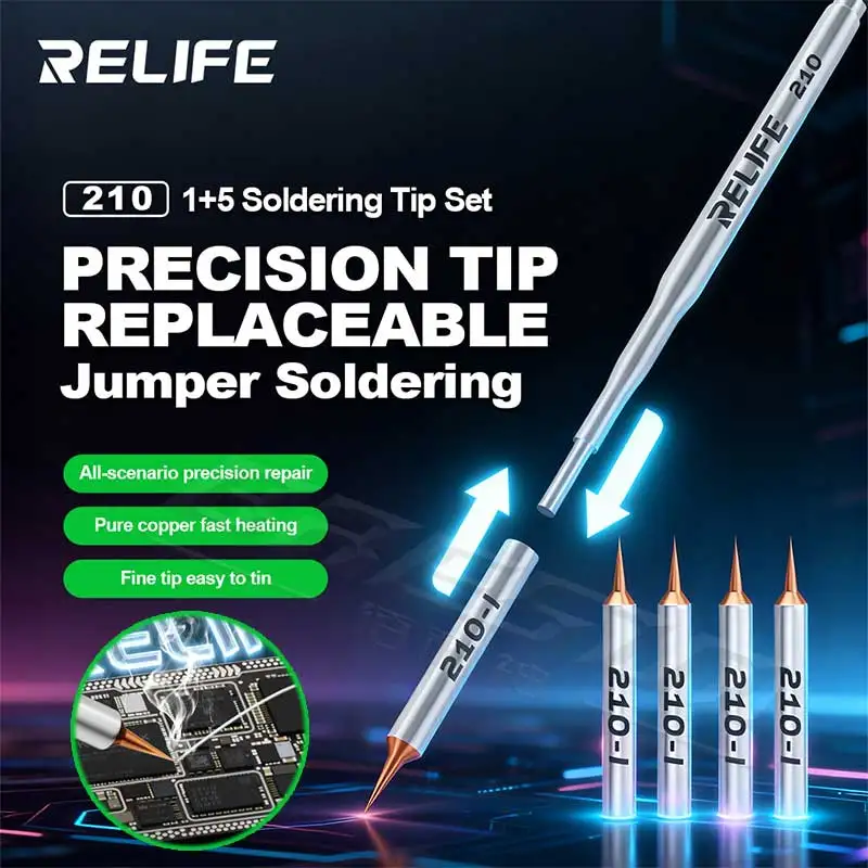RELIFE 210 Jumper Wire Soldering 5 Replaceable Tips Fine Tip Easy to Tin for Mobile Phone Motherboard Rework Soldering Tool
RELIFE 210 Jumper Wire Soldering 5 Replaceable Tips Fine Tip Easy to Tin for Mobile Phone Motherboard Rework Soldering Tool