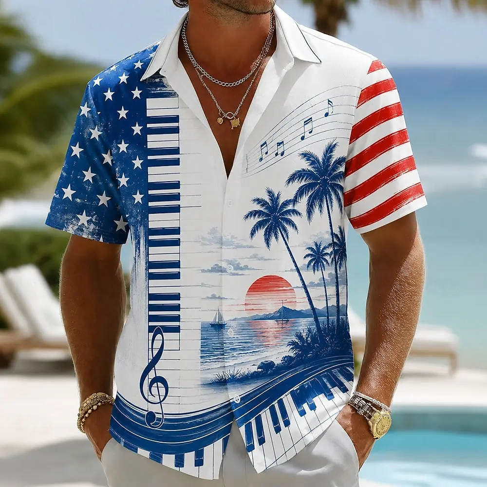 Men's Short Sleeve Button Shirt, Piano Note Tropical Sunset Palm Print, Loose Fit for Summer Beach Daily Vacation Outfits
Men's Short Sleeve Button Shirt, Piano Note Tropical Sunset Palm Print, Loose Fit for Summer Beach Daily Vacation Outfits