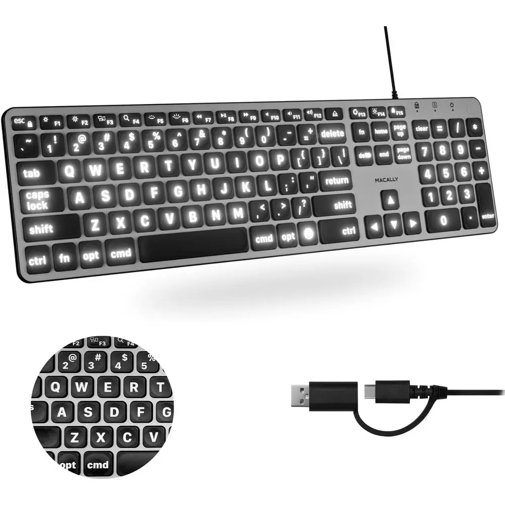 Full-Size Backlit Keyboard with Large Print Letters and USB C/A Compatibility
Full-Size Backlit Keyboard with Large Print Letters and USB C/A Compatibility