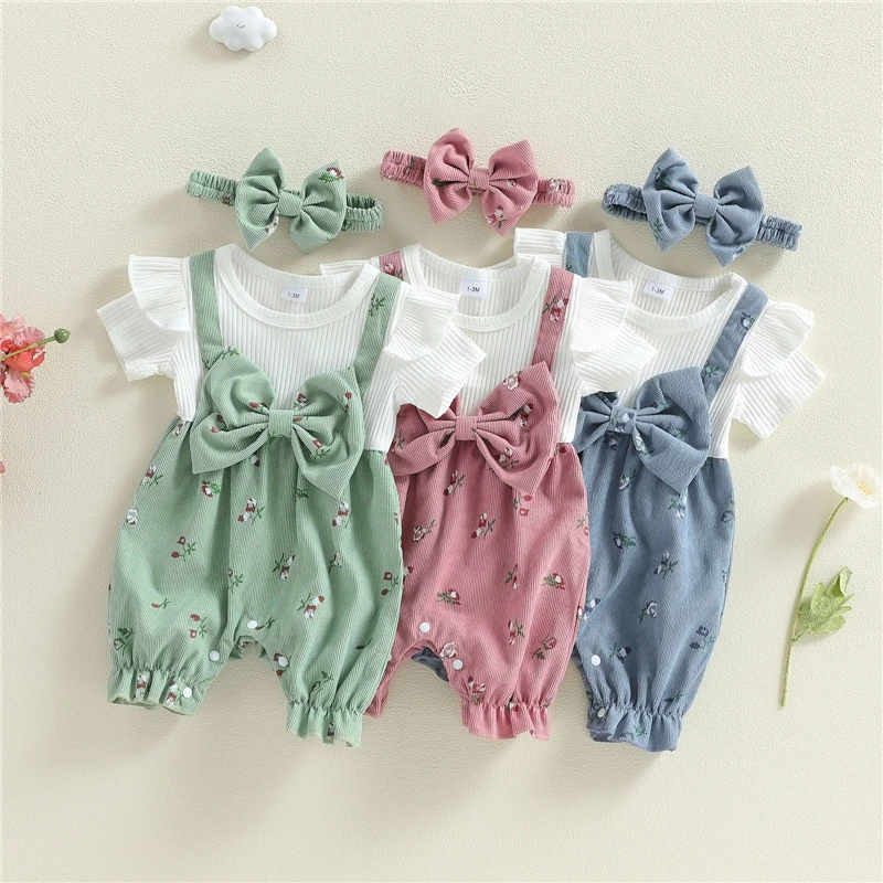 Newborn Baby Girls Rompers Floral Fake Two-Piece Short Sleeve Jumpsuits and Bow Headband 0-18M Baby Summer Clothing
Newborn Baby Girls Rompers Floral Fake Two-Piece Short Sleeve Jumpsuits and Bow Headband 0-18M Baby Summer Clothing
