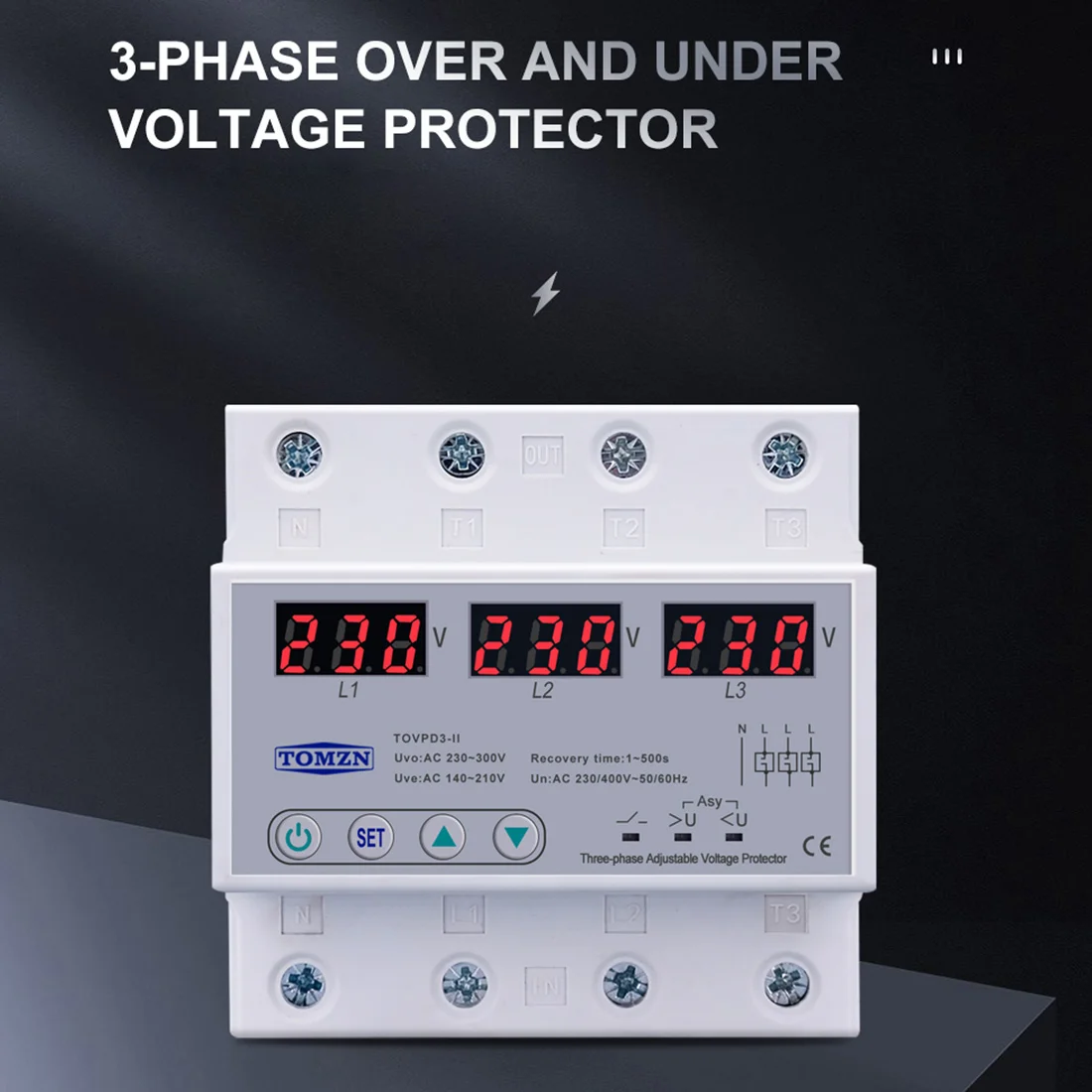 Three Phase Adjustable Over and Under Voltage Protector Automatic Recovery Protective Device Reset 63A 380V
Three Phase Adjustable Over and Under Voltage Protector Automatic Recovery Protective Device Reset 63A 380V