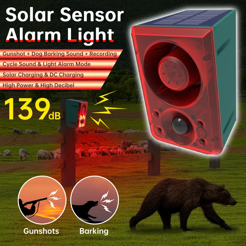 Solar Sensor Alarm Light Outdoor High Decibel Animal Repellents Anti-wild Boar Siren Recordable Waterproof Alarm Siren Products
Solar Sensor Alarm Light Outdoor High Decibel Animal Repellents Anti-wild Boar Siren Recordable Waterproof Alarm Siren Products