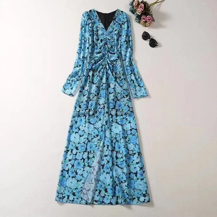 European and American women's clothing 2023 autumn new V-neck Long sleeve blue print pressed Fashion split dress XXL
European and American women's clothing 2023 autumn new V-neck Long sleeve blue print pressed Fashion split dress XXL