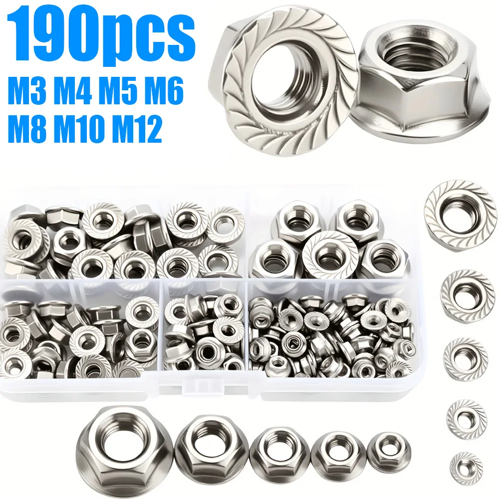 190 pcs Stainless Steel Flange Nut Set, suitable for mechanical parts and home maintenance, available in sizes M3M4M5M6M8M10M12
190 pcs Stainless Steel Flange Nut Set, suitable for mechanical parts and home maintenance, available in sizes M3M4M5M6M8M10M12