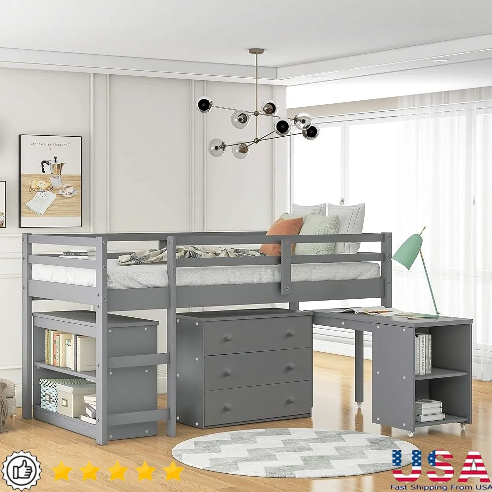 Sturdy Twin Loft Bed Frame with Desk Cabinet Bookshelf Safe Guardrails and Convenient 3-Rung Ladder Kids
Sturdy Twin Loft Bed Frame with Desk Cabinet Bookshelf Safe Guardrails and Convenient 3-Rung Ladder Kids