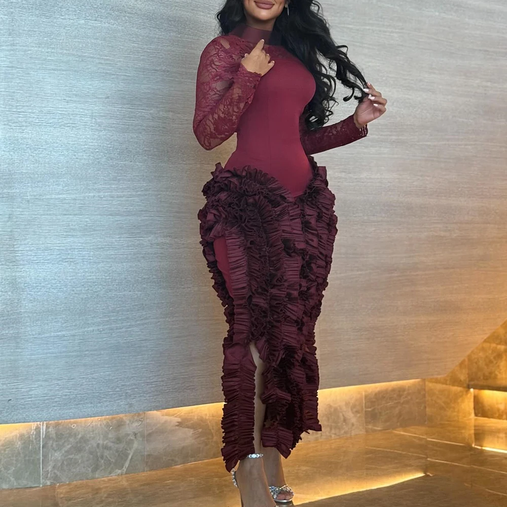 Customized Jersey Straight Lace and Ruched Evening Dress High Collar Side Slit Ankle Length Long Sleeves Burgundy Fashion
Customized Jersey Straight Lace and Ruched Evening Dress High Collar Side Slit Ankle Length Long Sleeves Burgundy Fashion