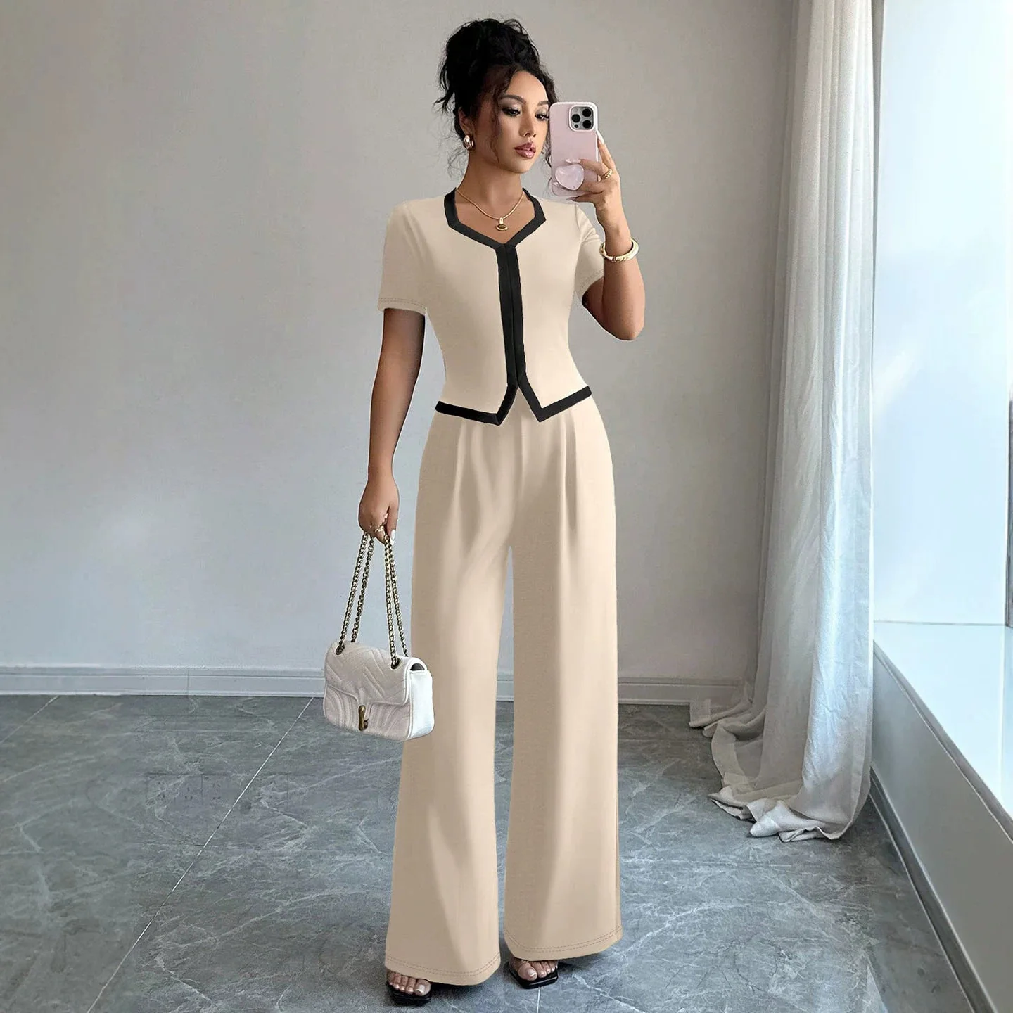 2026 Summer New Style Color-block V-neck Short-sleeve Top And Wide-leg Pants Set, Commuting Elegant Two-piece Outfit Bandage
2026 Summer New Style Color-block V-neck Short-sleeve Top And Wide-leg Pants Set, Commuting Elegant Two-piece Outfit Bandage
