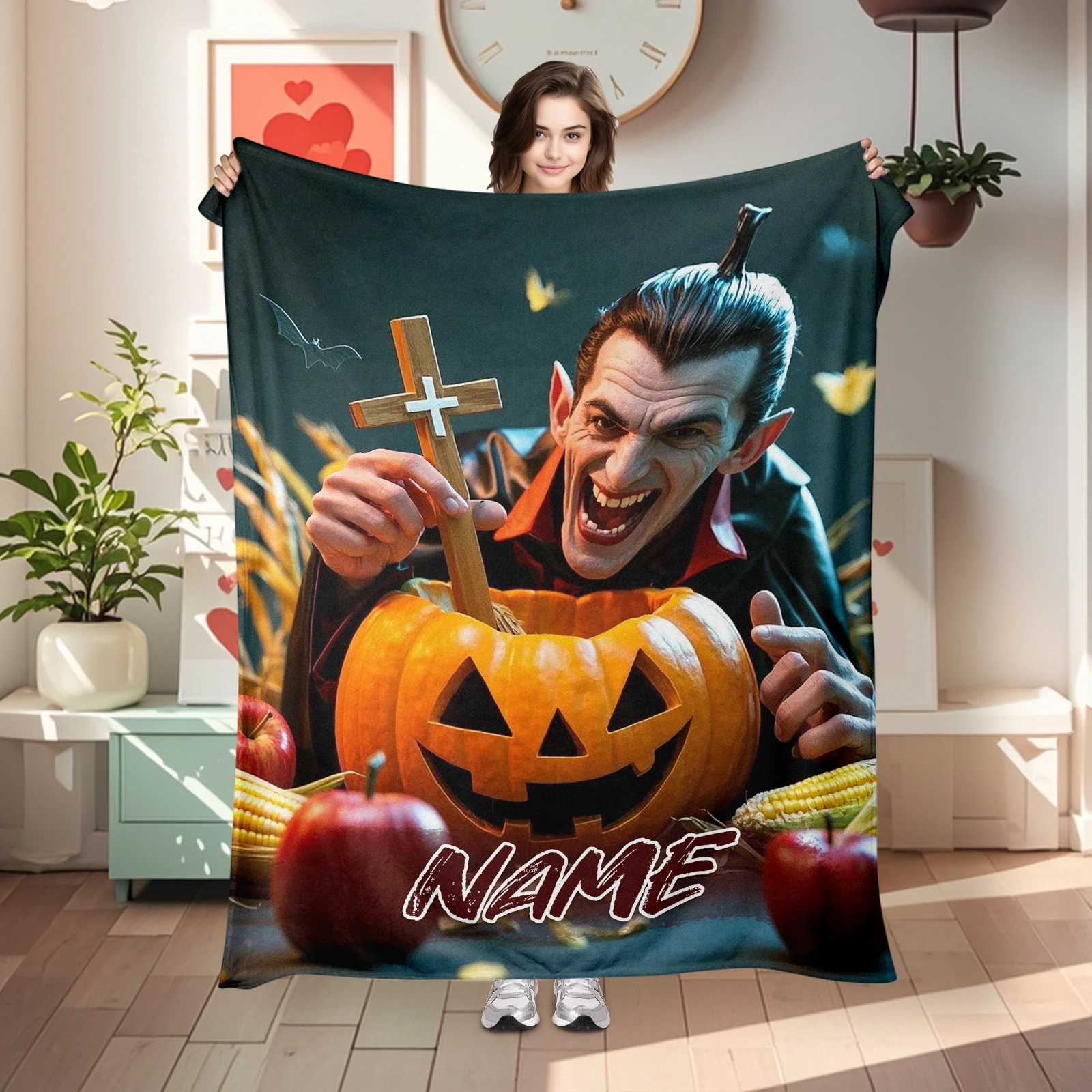 Halloween Specially Designed Flannel Blanket Featuring Vampires And Jack O'Lanterns With One Customizable Text For Family
Halloween Specially Designed Flannel Blanket Featuring Vampires And Jack O'Lanterns With One Customizable Text For Family