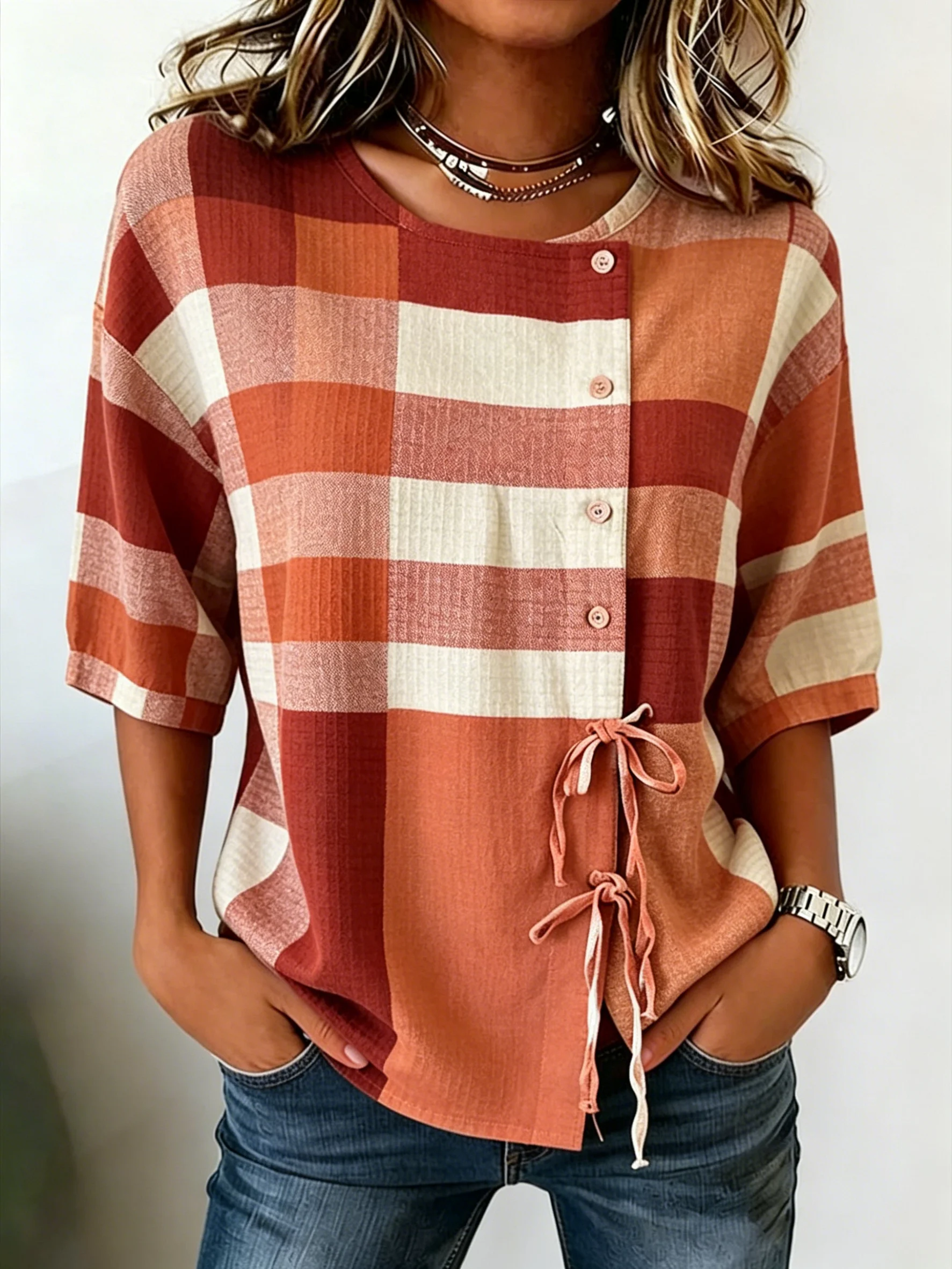 Women's Rust Plaid Print Drawstring Button Up Blouse, Casual Round Neck Tops for Spring Summer Daily Vacation Wear
Women's Rust Plaid Print Drawstring Button Up Blouse, Casual Round Neck Tops for Spring Summer Daily Vacation Wear