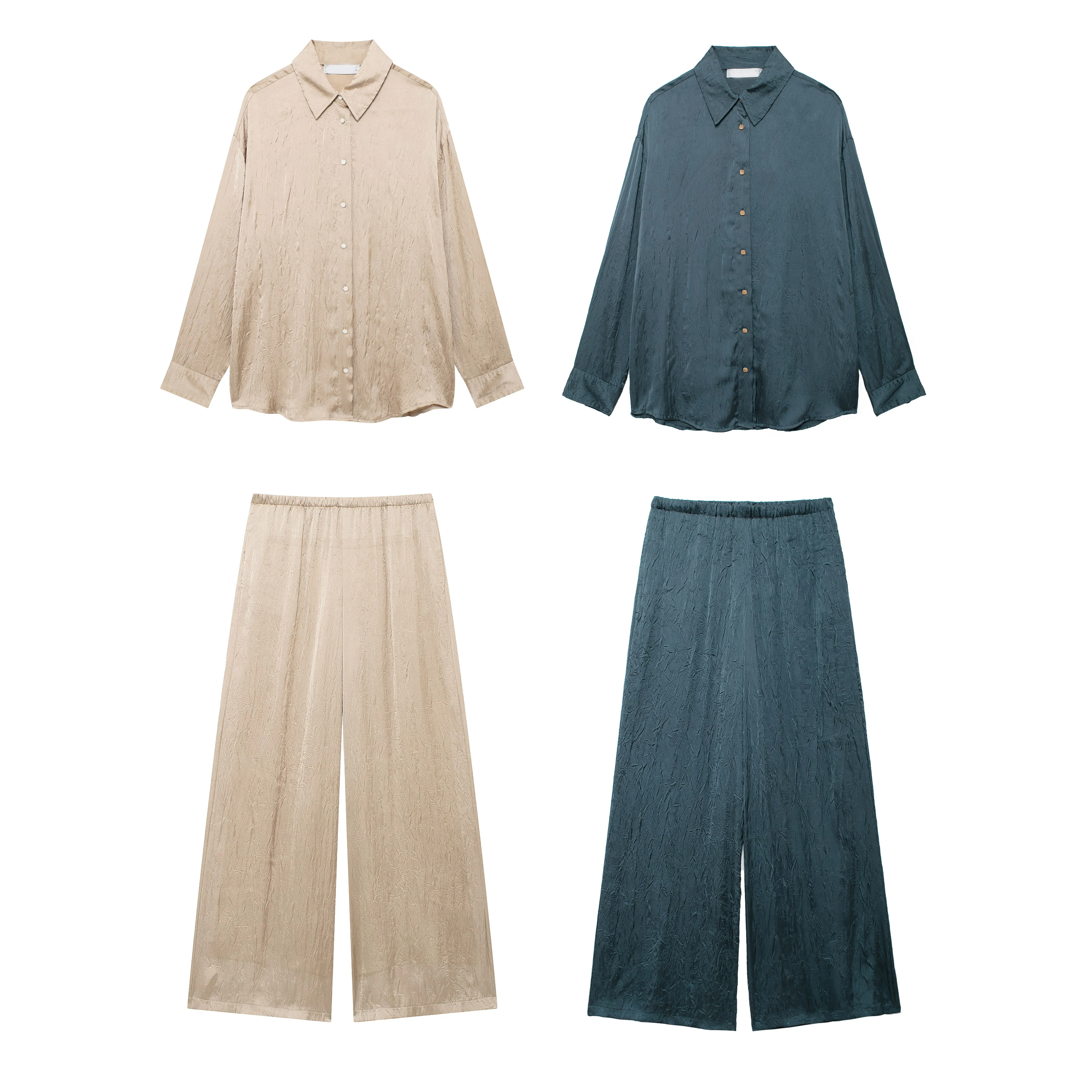 2024 Fashion Wrinkled Satin Autumn Women Suits Lapel Long Sleeve Shirt + Wide Leg Pants 2-piece Sets Female Casual Outfits
2024 Fashion Wrinkled Satin Autumn Women Suits Lapel Long Sleeve Shirt + Wide Leg Pants 2-piece Sets Female Casual Outfits