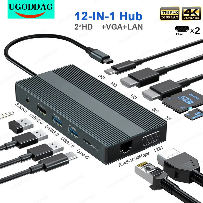 Dual Monitor USB C Hub Triple Display Docking Station with 2 HDMI-Compatible VGA Gigabit Ethernet Type-C PD SD/TF 3.5mm Adapter
Dual Monitor USB C Hub Triple Display Docking Station with 2 HDMI-Compatible VGA Gigabit Ethernet Type-C PD SD/TF 3.5mm Adapter