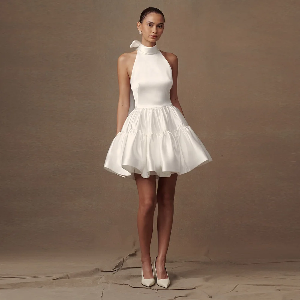Customized Chic Halter Satin Solid Sleeveless Short Mini Wedding Party Dress Backless Puffy Wedding Gown Bow
Customized Chic Halter Satin Solid Sleeveless Short Mini Wedding Party Dress Backless Puffy Wedding Gown Bow