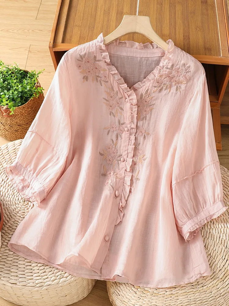 Chinese Style Embroidered Cotton Linen Ruffle V-Neck Shirt Women's Summer Fashion Young Style Beautiful Anti-Aging Top
Chinese Style Embroidered Cotton Linen Ruffle V-Neck Shirt Women's Summer Fashion Young Style Beautiful Anti-Aging Top