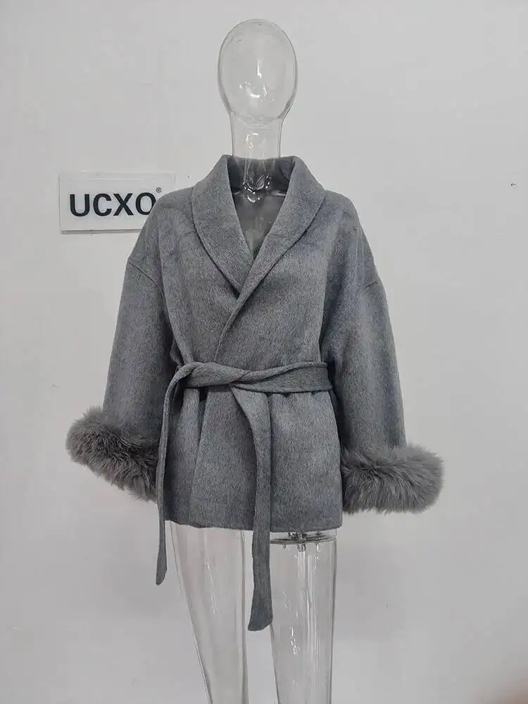 UCXQ Elegant OL Office Lady Overcoats Fur Patchwork Long Sleeve Woolen Coat Beautiful Women's Clothing Jacket Autumn 2025 Winter 44 S56c2907f0b014e56ace97ea0cd44df87g