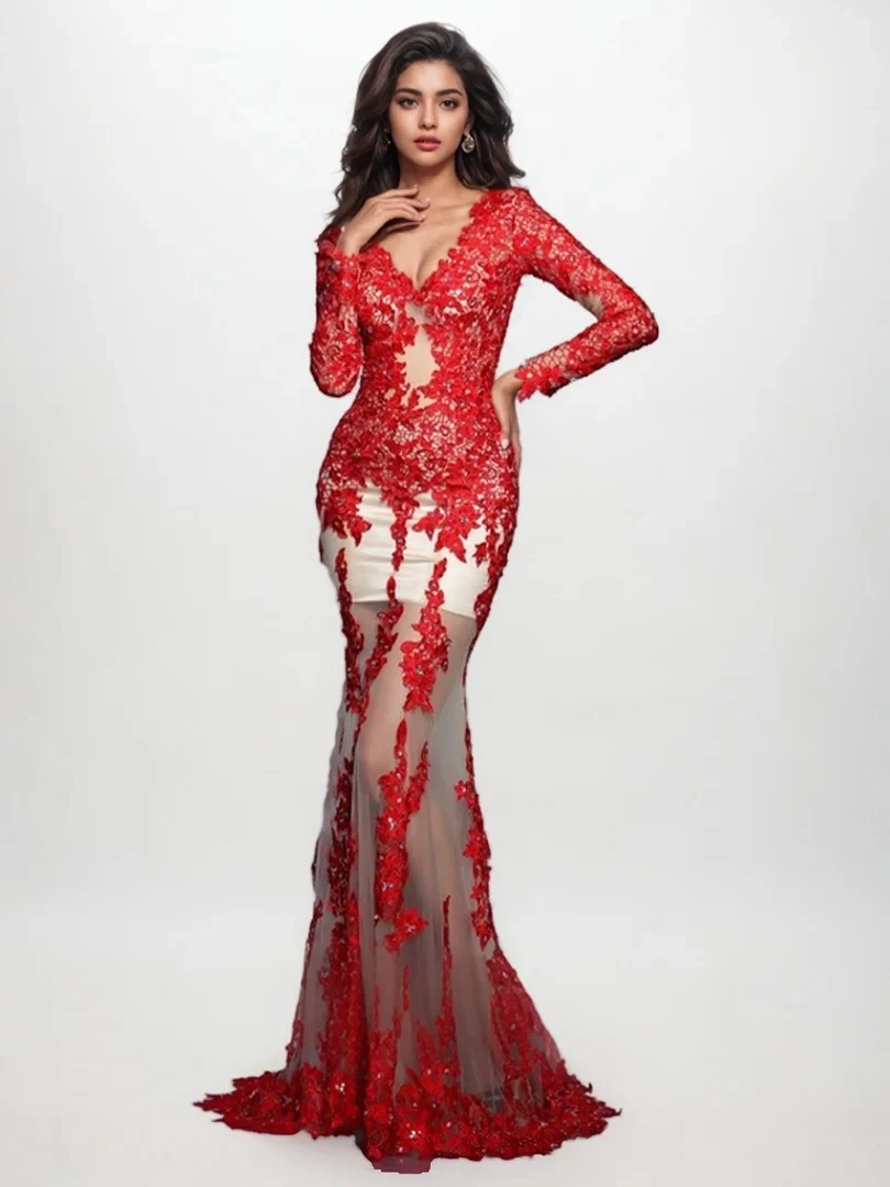 Elegant Mermaid Wedding Guest Dress Silhouette V-neck Long Sleeves Lace Appliques Sweep Train Evening Gown 2025 free customized
Elegant Mermaid Wedding Guest Dress Silhouette V-neck Long Sleeves Lace Appliques Sweep Train Evening Gown 2025 free customized
