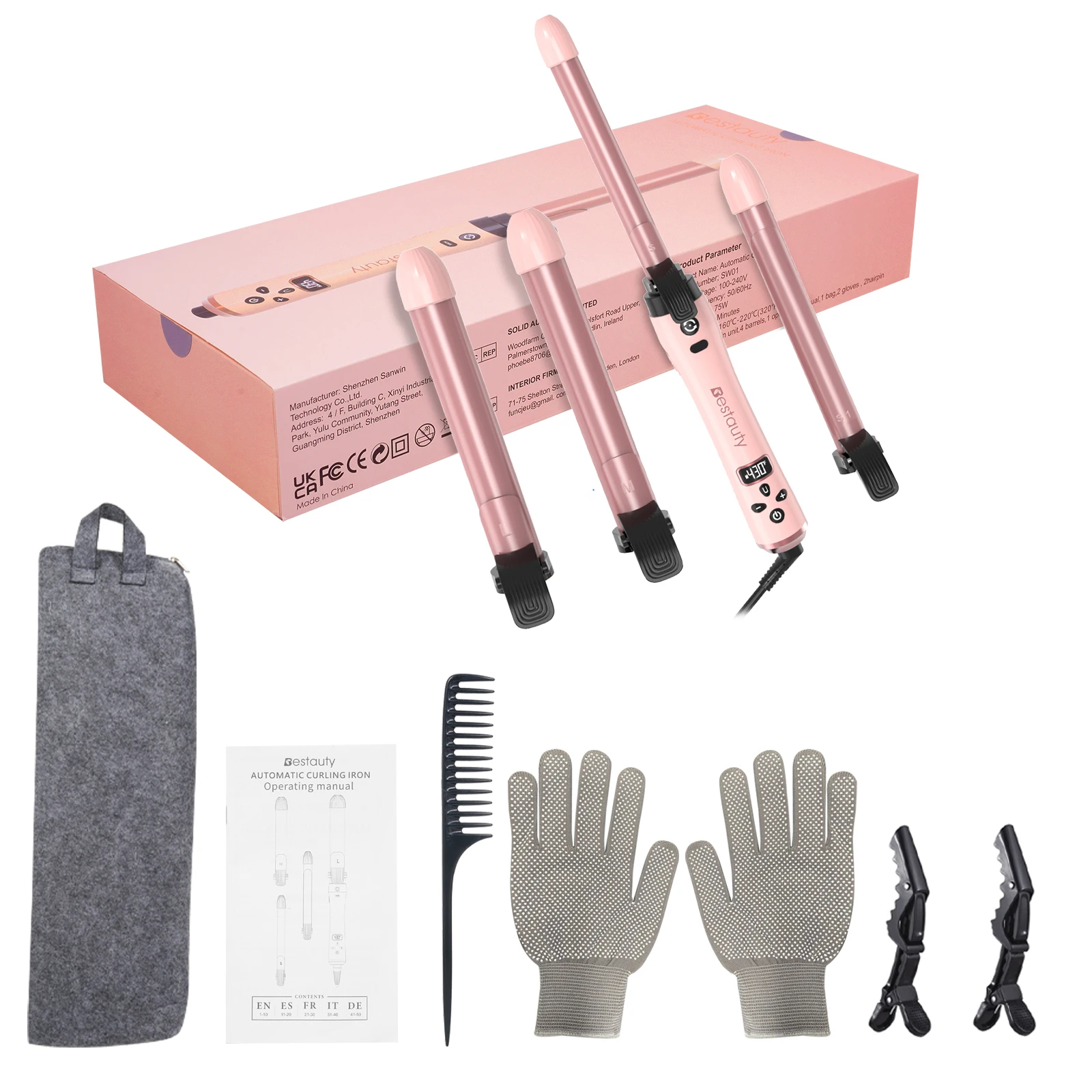 Hair Curler Ceramic Curling Iron Wand Set With Interchangeable Ceramic Barrel & Hair Clip & Heat Protective Glove Auto Hair Tong
Hair Curler Ceramic Curling Iron Wand Set With Interchangeable Ceramic Barrel & Hair Clip & Heat Protective Glove Auto Hair Tong