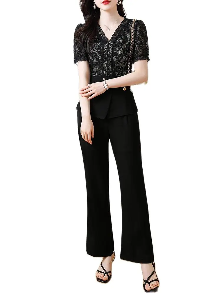 Large Size Women Pant Suit V Neck Lace Shirt Top And Trousers Two Piece Sets Matching Outfit Korea Chic Fashion Clothing 2023
Large Size Women Pant Suit V Neck Lace Shirt Top And Trousers Two Piece Sets Matching Outfit Korea Chic Fashion Clothing 2023