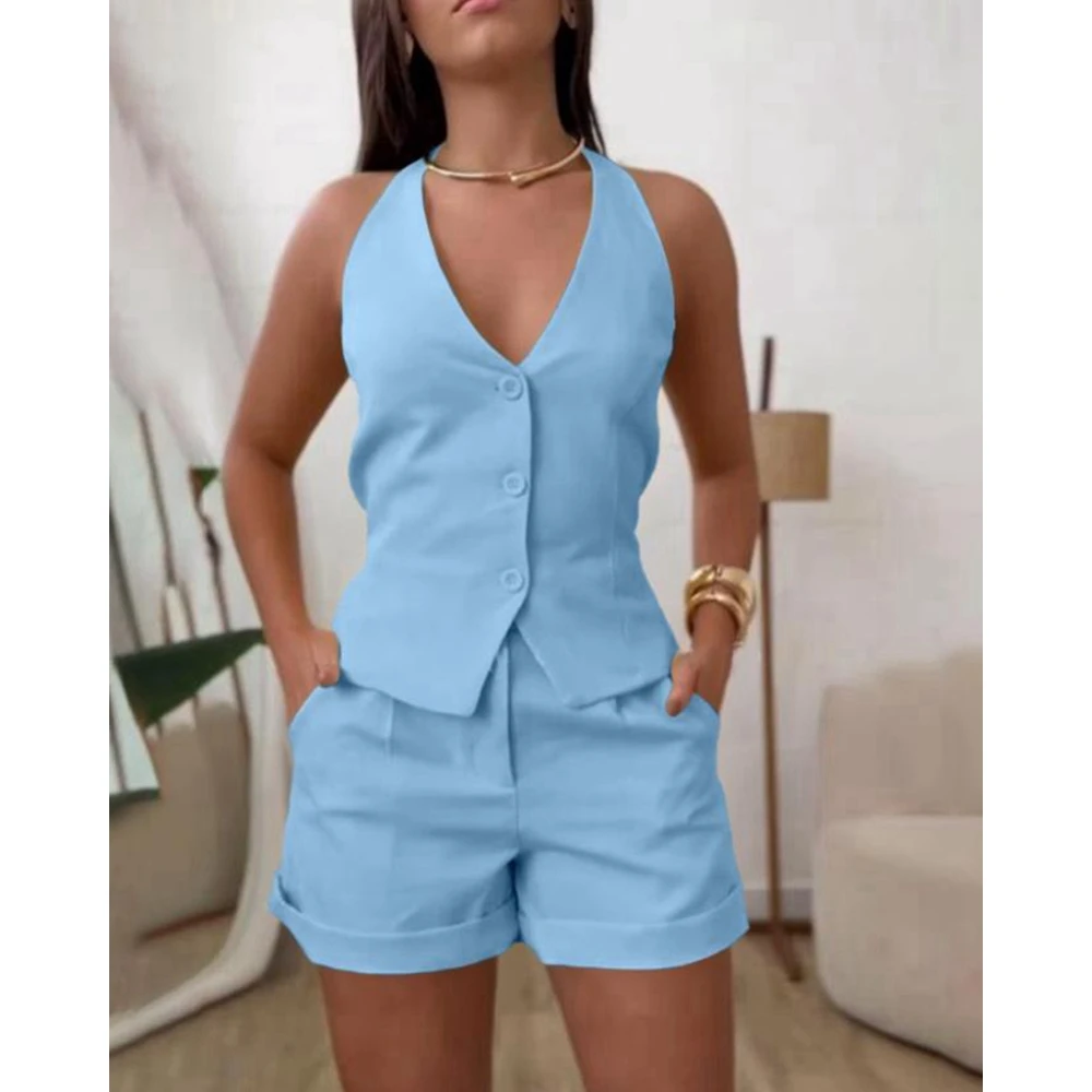 Summer Women Two Pieces Outfit Set Halter Sleeveless Back Lace Up Button Front Top and Casual Shorts Set Streetwear
Summer Women Two Pieces Outfit Set Halter Sleeveless Back Lace Up Button Front Top and Casual Shorts Set Streetwear