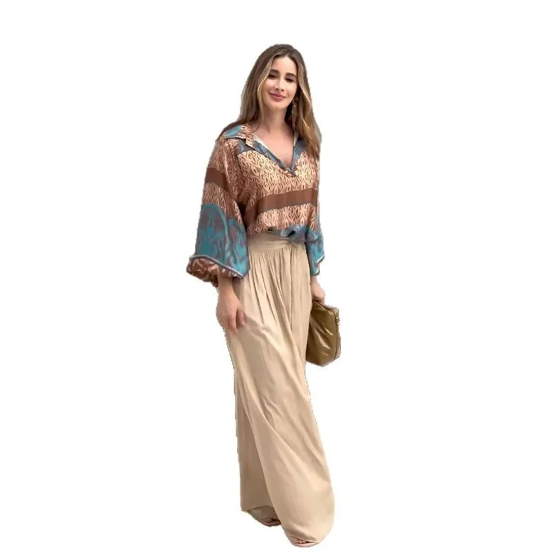 2025 New Fashion Printed Shirt + Wide Leg Pants Suit Women Autumn Casual Retro Loose Top And Trousers Two-piece Set For Women 
2025 New Fashion Printed Shirt + Wide Leg Pants Suit Women Autumn Casual Retro Loose Top And Trousers Two-piece Set For Women