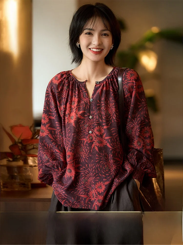 Xiao Han Ge Red adow Fraant Sand Digital Printing Double Gauze Silk Small Top OL Sle Loose Fit Long Sve Women irt
Xiao Han Ge Red adow Fraant Sand Digital Printing Double Gauze Silk Small Top OL Sle Loose Fit Long Sve Women irt