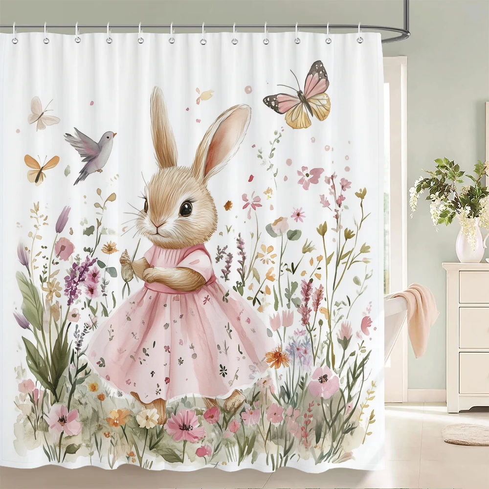 Cute Rabbit Cheerful Shower Curtain, Green Fresh Floral Spring Bathroom Decorative Shower Curtain, Waterproof Shower Curtain 
Cute Rabbit Cheerful Shower Curtain, Green Fresh Floral Spring Bathroom Decorative Shower Curtain, Waterproof Shower Curtain