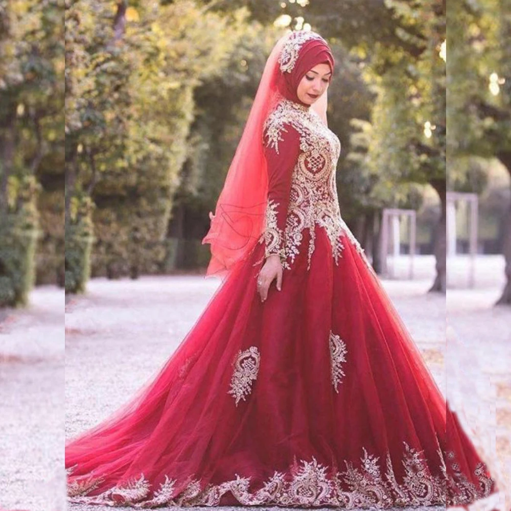 Colorful Muslim Wedding Dresses with Hijab Long Sleeve Ball Gown Exquisite Women Dress Appliques Red Bridal Gowns Customized
Colorful Muslim Wedding Dresses with Hijab Long Sleeve Ball Gown Exquisite Women Dress Appliques Red Bridal Gowns Customized