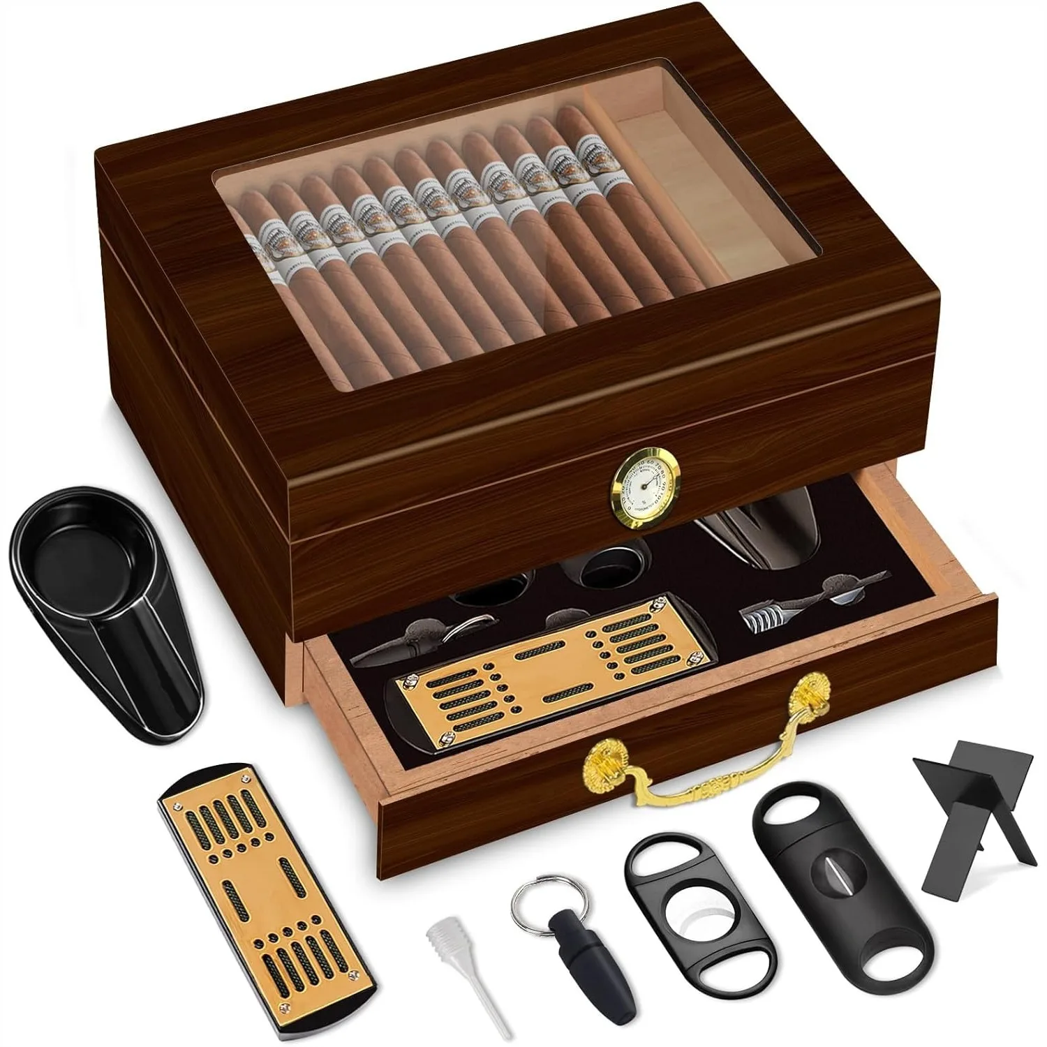Cedar Cigar Humidor Box with Glass Cover and Drawer - Desktop Travel Case for 20-50 Cigars
Cedar Cigar Humidor Box with Glass Cover and Drawer - Desktop Travel Case for 20-50 Cigars